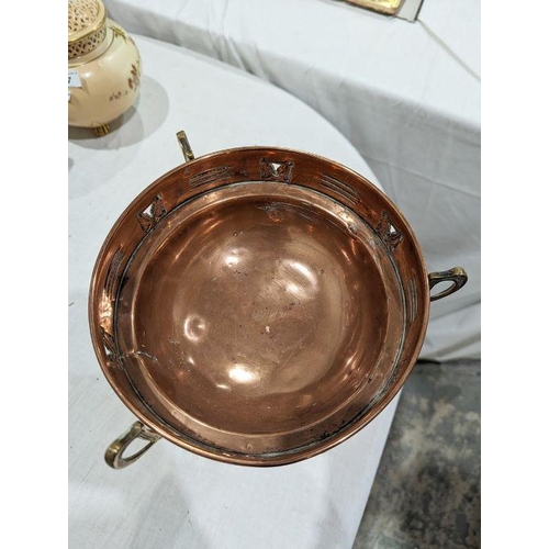 104 - Art Nouveau copper centrepiece bowl on brass stand, circa 1900, the bowl with a band of pierced foli... 