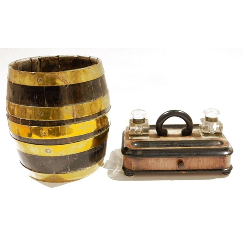 109 - Brass bound oak barrel of coopered construction with riveted brass mounts, 30cm high and a 19th cent... 