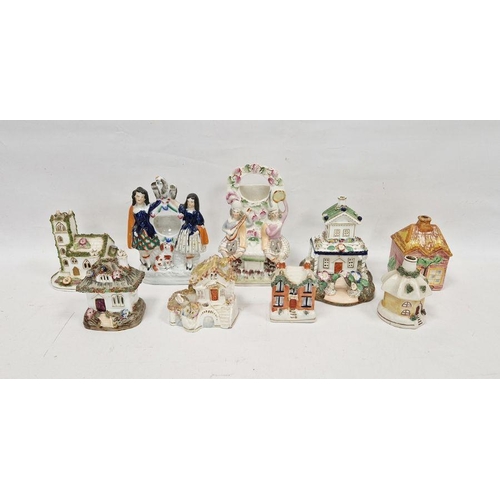 12 - Assorted 19th century Staffordshire pottery pastille burners including a two-storey pavilion applied... 