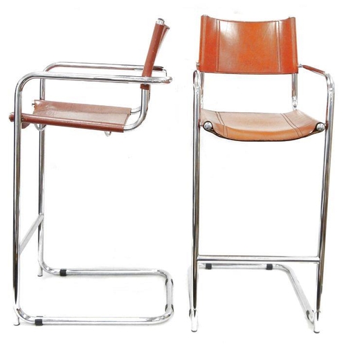 130a - Pair of mid-century 1960’s chrome and leather bar stools, with original tan leather.