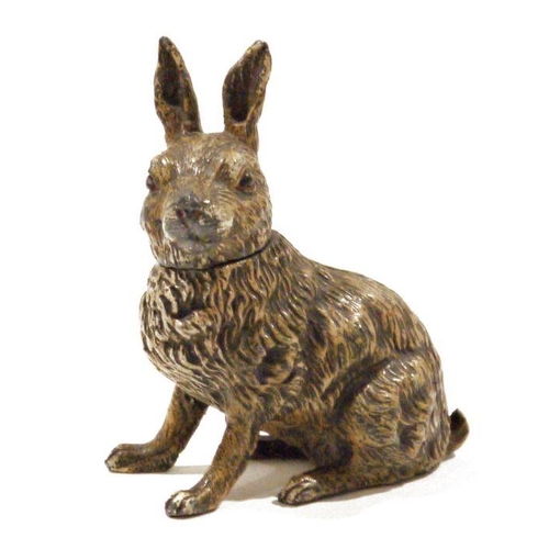 161 - Cold-painted white metal hare inkwell having hinged head, 14cm high