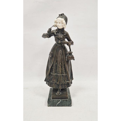 181 - After Ferdinand Lugerth (1885-1915), a patinated bronze and ivory figure of a woman on marble base, ... 