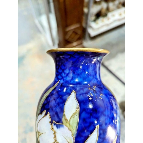 3 - Doulton Burslem blue scale pattern ground oviform vase, decorated with irises outlined in gilding, s... 