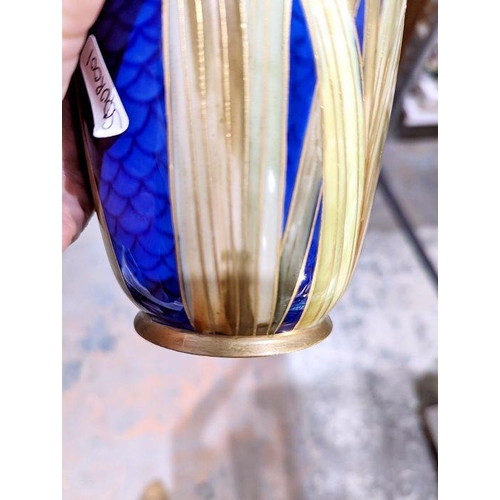 3 - Doulton Burslem blue scale pattern ground oviform vase, decorated with irises outlined in gilding, s... 