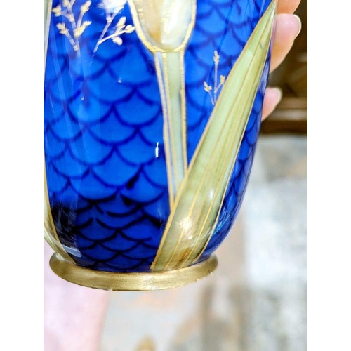 3 - Doulton Burslem blue scale pattern ground oviform vase, decorated with irises outlined in gilding, s... 