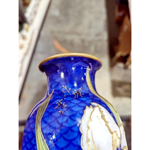 3 - Doulton Burslem blue scale pattern ground oviform vase, decorated with irises outlined in gilding, s... 