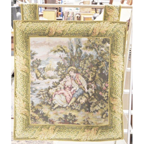 330A - Wall hanging French machine tapestry, the central panel with pair of lovers beside a river, with flo... 