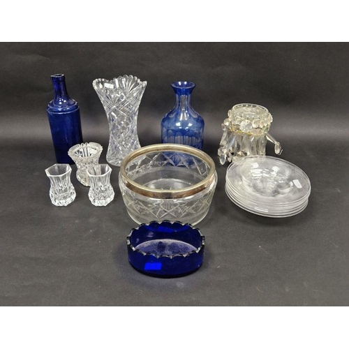 51 - Assorted glassware, 19th and 20th century, including a clear cut glass lustre, a blue flashed cylind... 