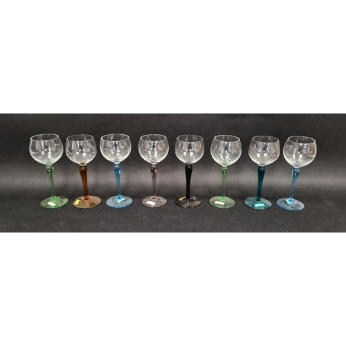 55 - Harlequin set of hock glasses, each cup shaped bowl, coloured stem and foot in turquoise, brown, gre... 