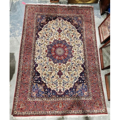 1029 - Pair of Persian handmade cream ground wool, cotton and silk 'Ispahan' rugs with large central medall... 