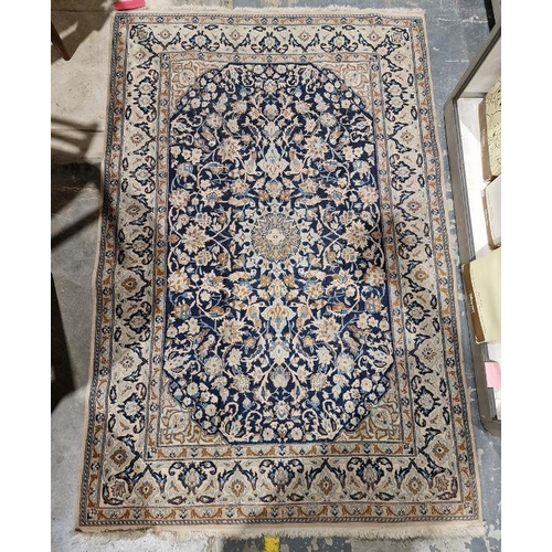 1031 - Persian blue ground handmade wool, cotton and silk 'Nain' rug with central floral medallion on flora... 