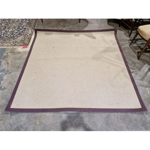 1038 - Large modern beige ground rug with purple exterior band, 202cm x 200cm