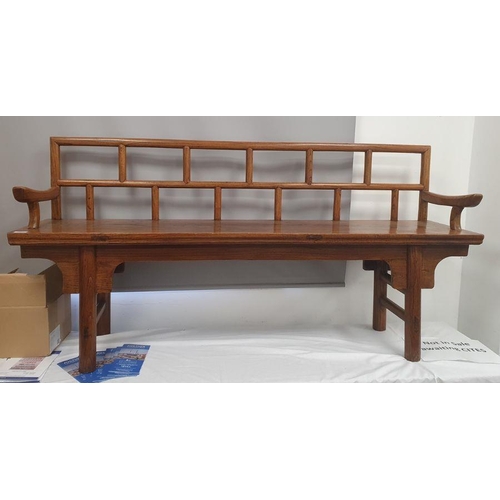 1045 - 20th century Chinese hardwood bench raised on turned legs, 76cm high x 153cm wide x 35cm deep