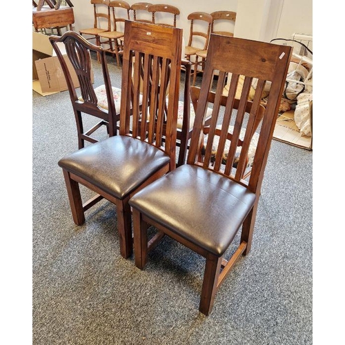 1065 - Pair of stained hardwood modern highback dining chairs with leather upholstered pad seat