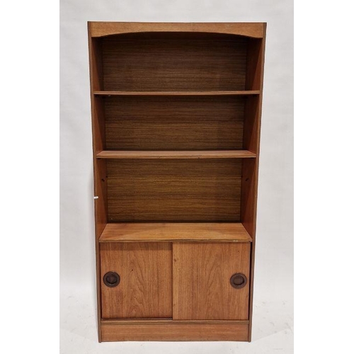 1074 - Pair of mid century teak wall units, one with two shelves above cupboard section, the other with fal... 