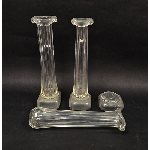 108 - Three Patrick Stern clear glass vases in the form of columns on plinth bases, each signed to base, h... 