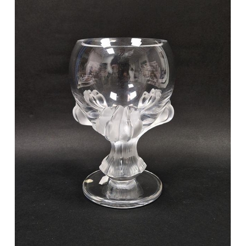 110 - Lalique 'Bagheera' crystal footed vase, clear base with frosted paws holding a clear crystal bowl/va... 