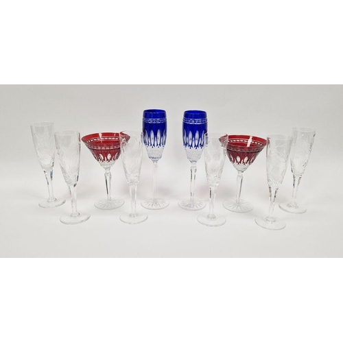 116 - Two Waterford Clarendon ruby red cut glass martini glasses, two Waterford blue Clarendon cut glass f... 