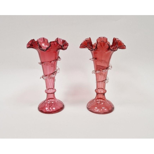 118 - Pair of Victorian cranberry-coloured glass frill vases, each of tapering form applied with clear gla... 