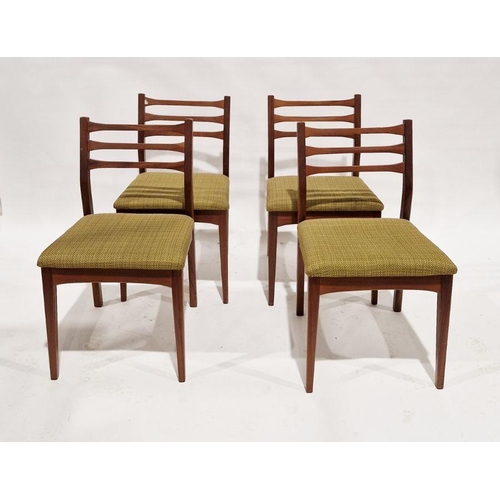 1237 - Mid-century teak oval extending dining table and four chairs with green upholstery, 73cm x 152cm x 9... 