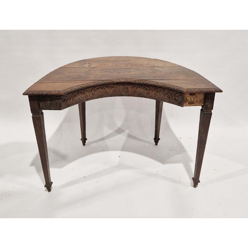 1245 - Late 19th century oak demi-lune table with acanthus carved border, with concave side, having an acan... 