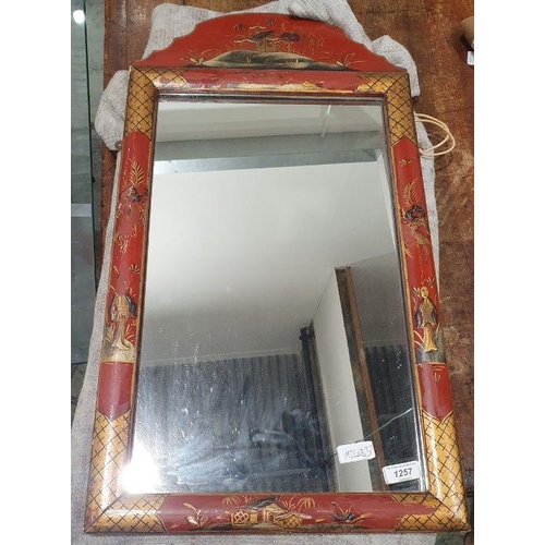 1257 - Early 20th century chinoiserie wall mirror of rectangular form, the red painted frame decorated with... 