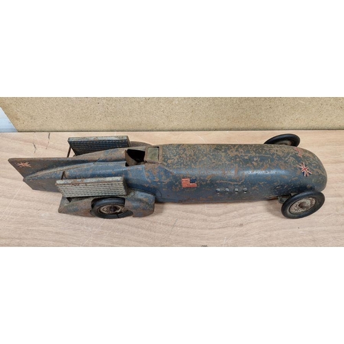 185 - Kingsbury Bluebird clockwork tinplate landspeed record car with UK and USA flags to tail, Dunlop rub... 