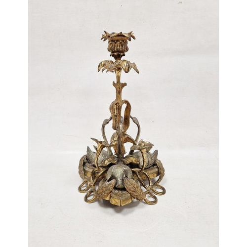 190A - Late 19th century gilt metal candlestick surmounted with three swans before a frond sconce nozzle an... 