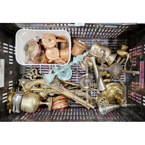 196 - Assorted brass and metalware including Victorian Arts & Crafts-style copper and brass double food wa... 