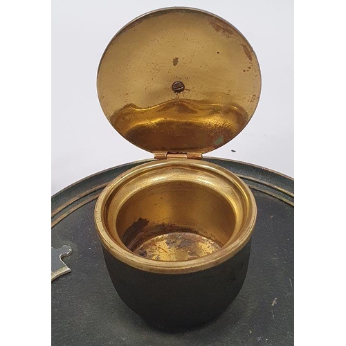 211 - Black and brass inkstand, circular with hinged cover and a Danish pewter small oil lamp in the form ... 