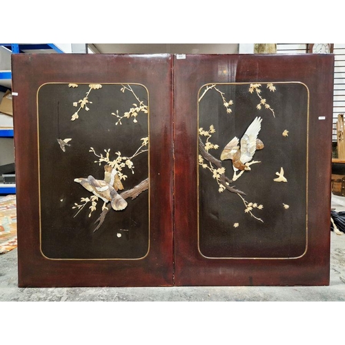 216 - Pair of early 20th century oriental shibayama lacquered panels, each with inlaid bone horn and mothe... 