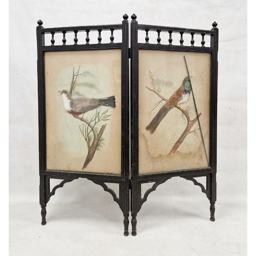 217 - Late 19th/early 20th century aesthetic-movement-style two-fold fire screen, the black painted wooden... 