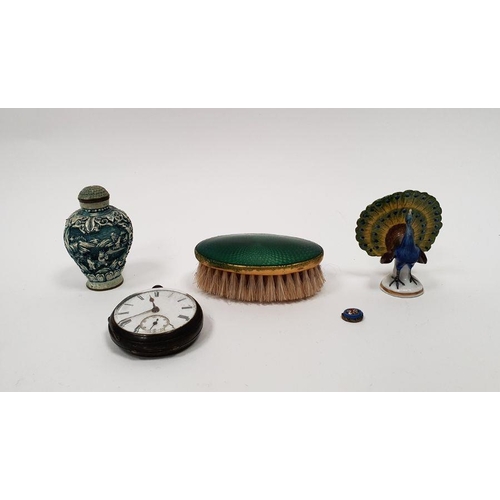 220 - Silver pocket watch with subsidiary seconds dial, key winding, an enamelled small hairbrush, a porce... 