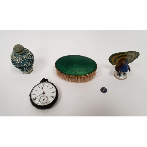 220 - Silver pocket watch with subsidiary seconds dial, key winding, an enamelled small hairbrush, a porce... 