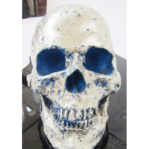 288 - Philippe Pasqua (1965) sculpture, resin silver skull, silver leaf over blue acrylic (minus butterfli... 