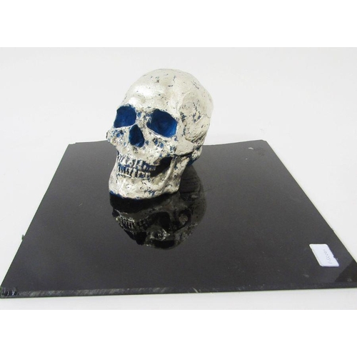 288 - Philippe Pasqua (1965) sculpture, resin silver skull, silver leaf over blue acrylic (minus butterfli... 