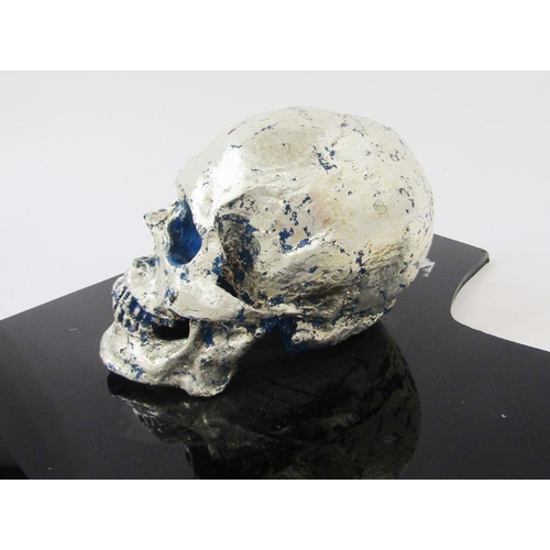 288 - Philippe Pasqua (1965) sculpture, resin silver skull, silver leaf over blue acrylic (minus butterfli... 