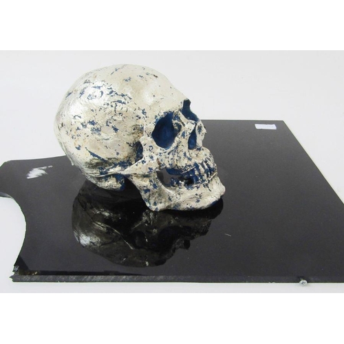 288 - Philippe Pasqua (1965) sculpture, resin silver skull, silver leaf over blue acrylic (minus butterfli... 