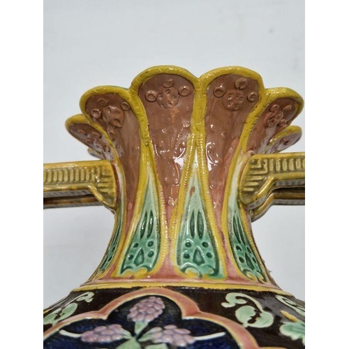 29 - Pair of Copeland majolica two-handled oviform vases, late 19th century, impressed marks, with pierce... 