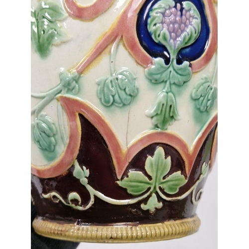 29 - Pair of Copeland majolica two-handled oviform vases, late 19th century, impressed marks, with pierce... 