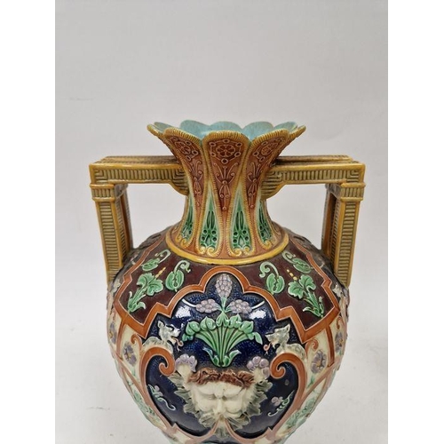 29 - Pair of Copeland majolica two-handled oviform vases, late 19th century, impressed marks, with pierce... 