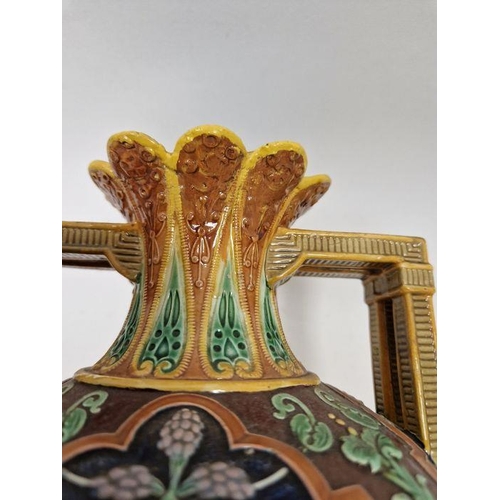 29 - Pair of Copeland majolica two-handled oviform vases, late 19th century, impressed marks, with pierce... 