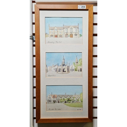 314 - Gordon Sharp
 Watercolour and ink
 'Malmesbury - Town Hall, Market Cross, The Old Bell Hotel', title... 