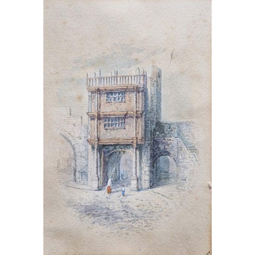 325A - George Fall
 watercolour drawing
 'Walgate, York' , two figures beside a stone city gate, unframed, ... 