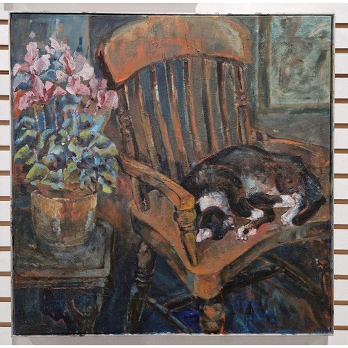 332 - Myriam Gilby (1929-2010)
 Oil on canvas
 Interior scene with cat curled up on a chair, signed verso,... 