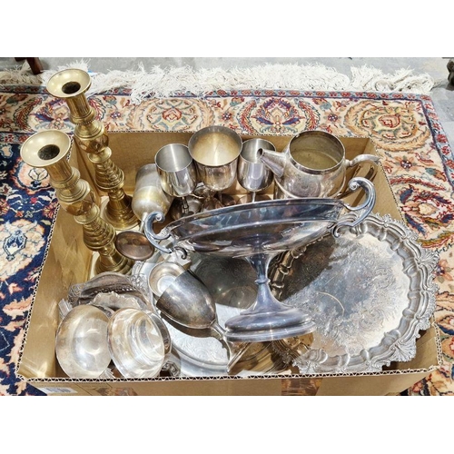 352 - Assorted silver plated ware to include a platter, sweetmeat dish, comport, hot water jug, pair of br... 