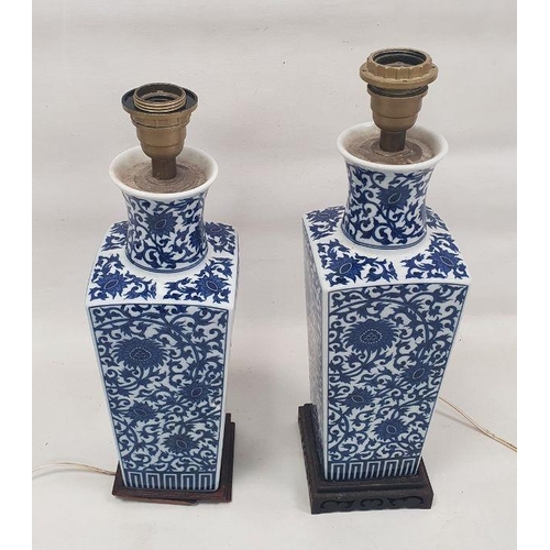 36 - Pair of 20th century Chinese-style blue and white porcelain lamp bases, each of tapering square sect... 