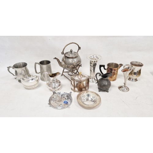 360 - Assorted silver-plated items to include a weighted posy vase with engraved initials, a pewter cream ... 