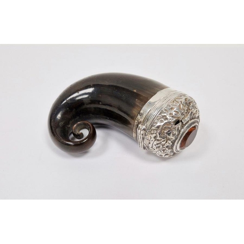 368D - Victorian Scottish silver-mounted horn snuff mull, with repousse cover set with orange stone, dated ... 