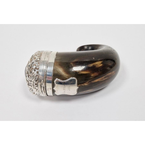 368D - Victorian Scottish silver-mounted horn snuff mull, with repousse cover set with orange stone, dated ... 